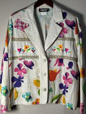 Gepetto Vintage Floral Embroidered Linen Blend Blazer Jacket